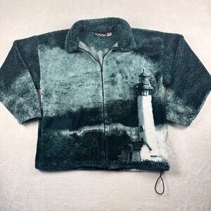 Vintage Obvious Lighthouse Fleece Jacket Coastal Nautical Full Zip 90s